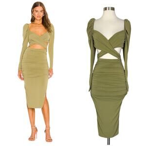 NEW Majorelle | Revolve Darla Olive Green Cut Out Tie Ruched Sexy Midi Dress XXS